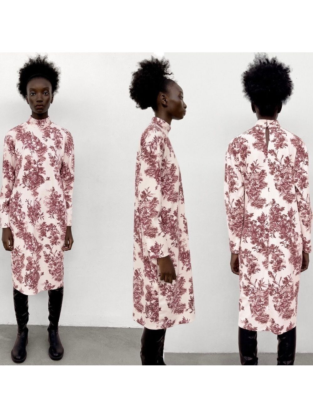 ZARA Ivory cream pink soft floal printed long sleeve dress Sz M NWT
